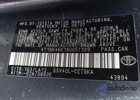 2008 Toyota Camry Xle V6 z USA, uszkodzony, nr VIN 4T1BK46K18U057309